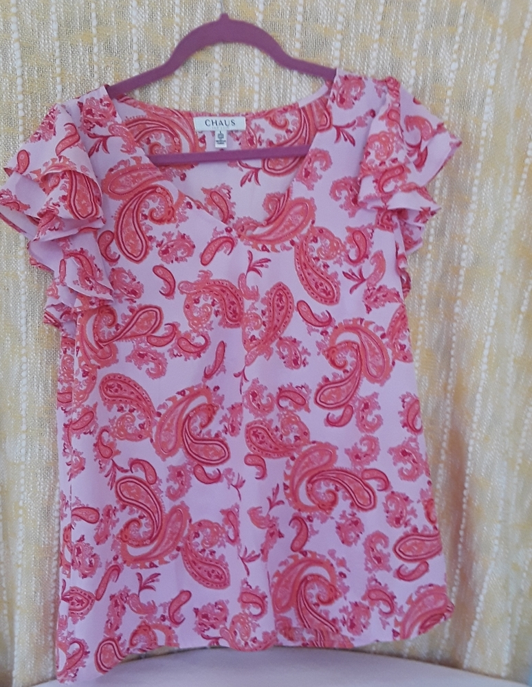 Chaus NWT ,Woman's, Lrg,Paisley, V-Neck Ruffle Sleeve, Pink,Red,Orange Top